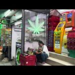 Patong Beach, Phuket, Thailand. Marijuana shops everywhere. Night walking street along coast line.