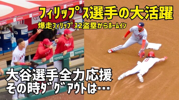 2盗塁からホームイン！全力フィリップス 応援するダグアウト 大谷選手も全力応援  Shohei Ohtani エンゼルス Angels  大谷翔平 現地映像