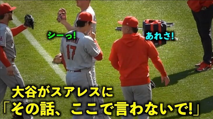 気になる会話内容！何か言われた大谷翔平がスアレスにしーっのジェスチャー！【現地映像】エンゼルスvsヤンキース第３打席4/21