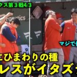 本当に仲良すぎw 大谷翔平にひまわりの種でイタズラするスアレス！やりとりが面白い件【現地映像】エンゼルスvsアスレチックス第３戦4/3