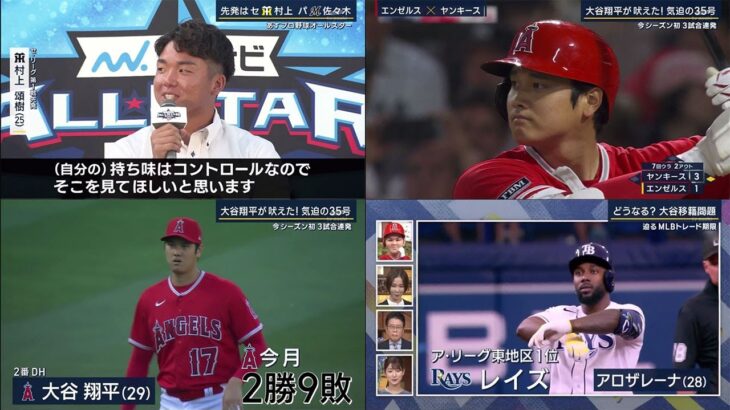 07月18日 プロ野球ニュース 大谷翔平３戦連発35号サヨナラ演出「彼はここで勝ちたい」トレード報道かき消すMVPコール。オールスター、１９日に第１戦　パは佐々木朗、セは村上が先発