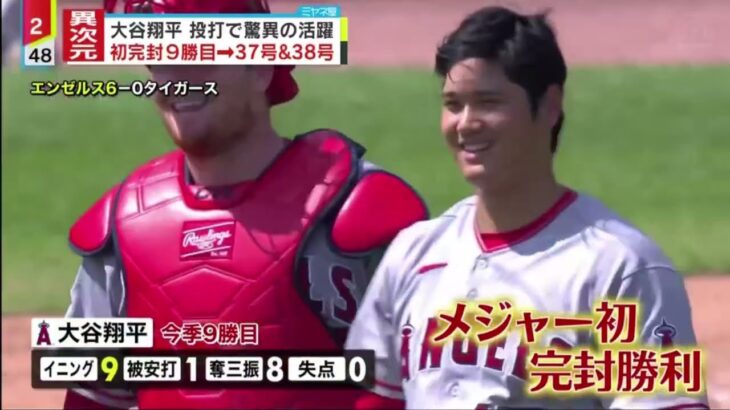 大谷翔平 投打で驚異の活躍 初完封9勝目 37号&38号。大谷 初完封&2本塁打 異次元の活躍│2023年07月28日