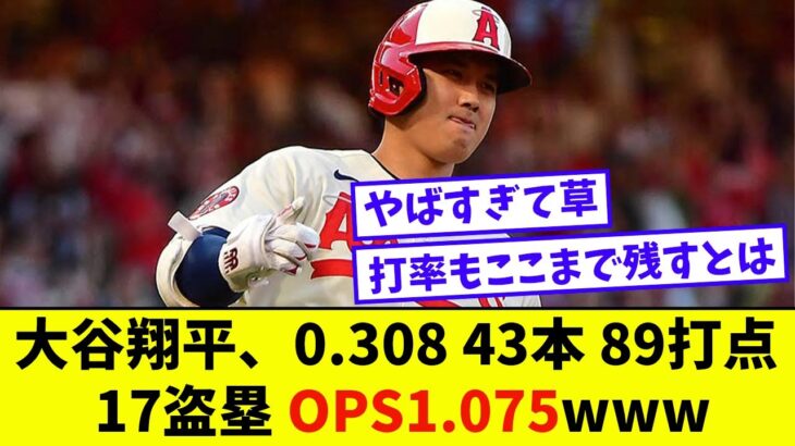 大谷翔平、0.308 43本 89打点 17盗塁 OPS1.075www【なんJ反応】