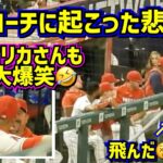 爆笑‼️ギルコーチに起こった悲劇😱飛んだ！コケた！エリカさん大爆笑🤣 【現地映像】ShoheiOhtani Angels