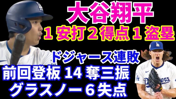 大谷翔平 1安打２得点１盗塁‼️ ドジャース連敗 頼みの綱 グラスノー体調不良もあり5回6失点 痛恨の３ラン💦 明日ブルペンデー明後日は昇格の若手先発 若手に期待‼️ ヤンキースも敗戦😓鈴木誠也 離脱