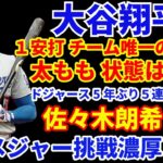 大谷翔平 太ももは90%の状態 本日１安打 チーム唯一の１得点‼️ ドジャース5年ぶり5連敗😲 佐々木朗希 来季メジャー挑戦濃厚か⁉️ 実現なら超争奪戦‼️ アクーニャ今季絶望😭