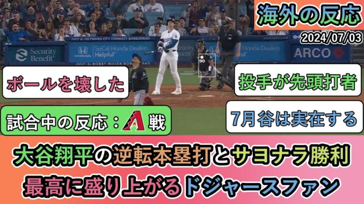 【試合中の海外の反応】大谷翔平の逆転ホームランとサヨナラ勝利 最高に盛り上がるドジャースファン【大谷翔平:27号ホームラン】