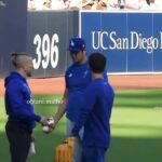 Shohei Ohtani having a little warm up and chat before the LA dodgers beat the SD Padres LOL 🤣🤣🤣