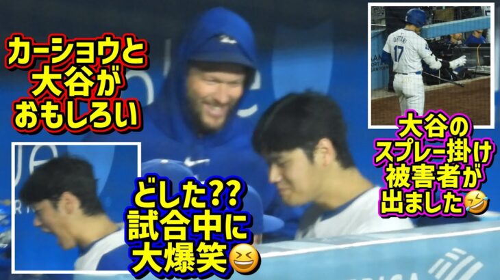 目撃‼️カーショウと絡んだ大谷が大爆笑🤣新スプレー掛けで被害者が出た😆 【現地映像】ShoheiOhtani