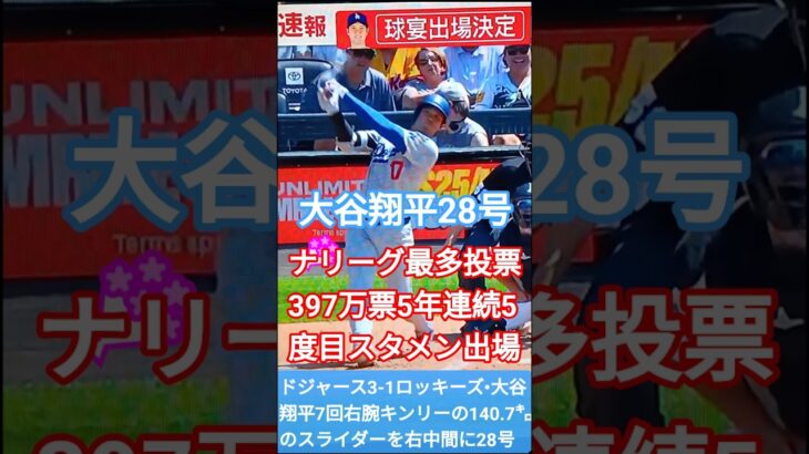 💐大谷翔平28号💃オールスター•ナリーグ最多投票397万票で5年連続5度目スタメン出場が決まる💐#shorts🌐