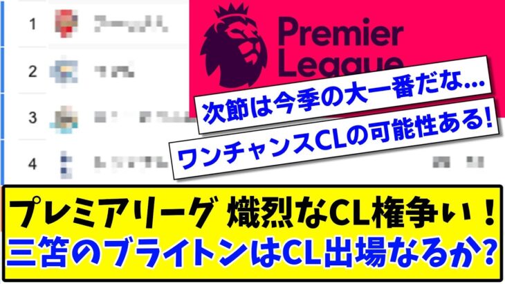 【死闘】プレミアリーグ熾烈なCL権争い！三笘薫のブライトンはCL出場なるか？最新順位はこちら！【2ch反応】【サッカースレ】