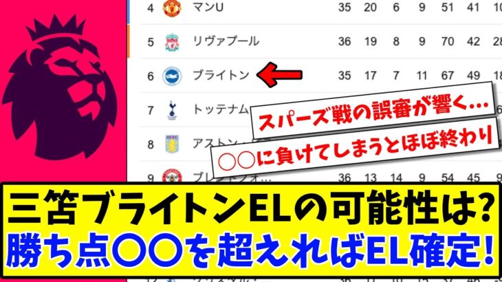 【EL出場条件】三笘ブライトンELの可能性は？勝ち点○○を超えればEL確定！【2ch反応】【サッカースレ】