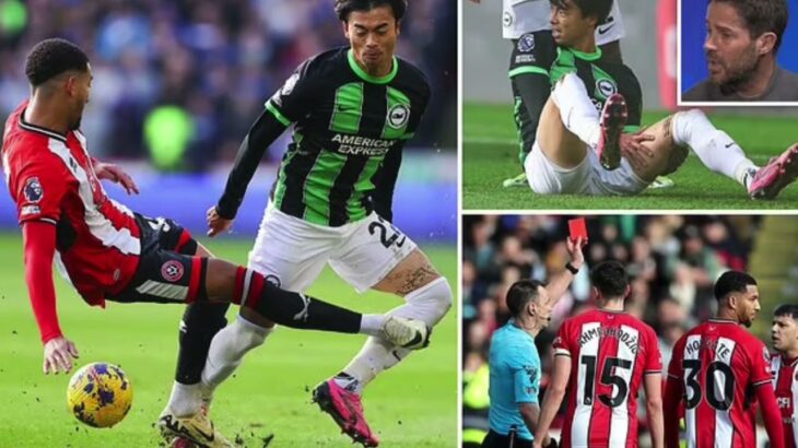 Mason Holgate sent off for ‘scandalous’ tackle on Kaoru Mitoma