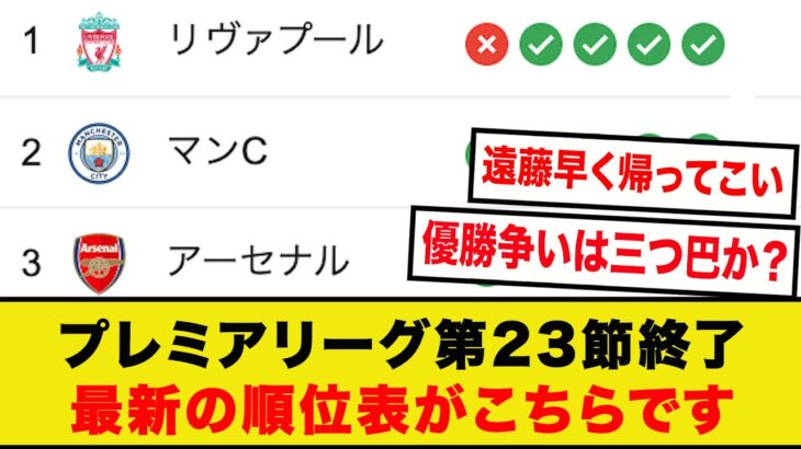 【魔境】プレミアリーグ第２３節終了、最新の順位表がコチラです