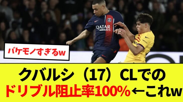 【脅威の記録】クバルシ（17）CLでのドリブル阻止率100%←これwww