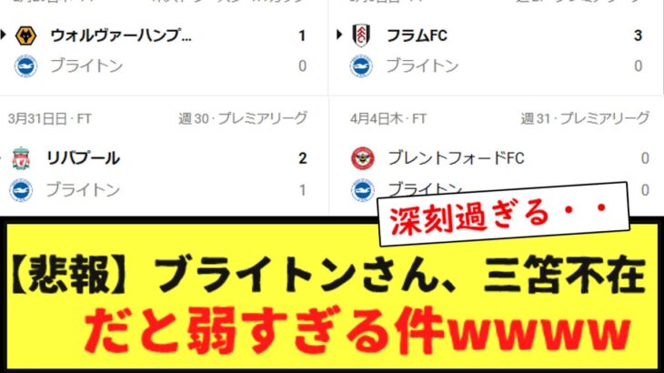 【悲報】ブライトンさん、三笘不在だと弱すぎる件wwwwwww