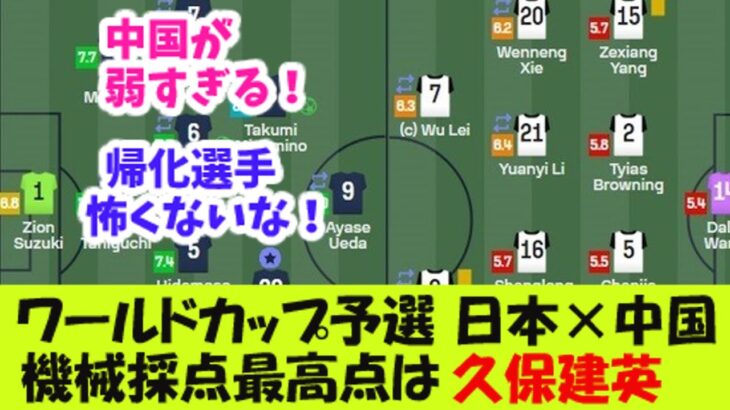 ワールドカップ予選日本×中国。 機械採点最高点は久保建英。【２ｃｈ反応】