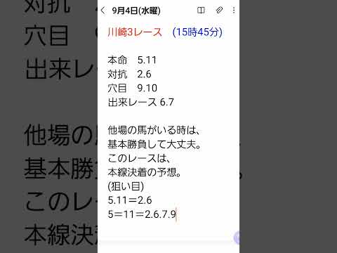 9月4日(水曜)川崎3レース予想～　 #地方競馬予想 #川崎競馬ライブ #jra