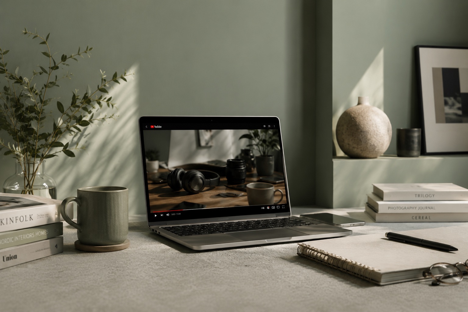 デスクでYouTubeの商品動画を観ているワークスペース